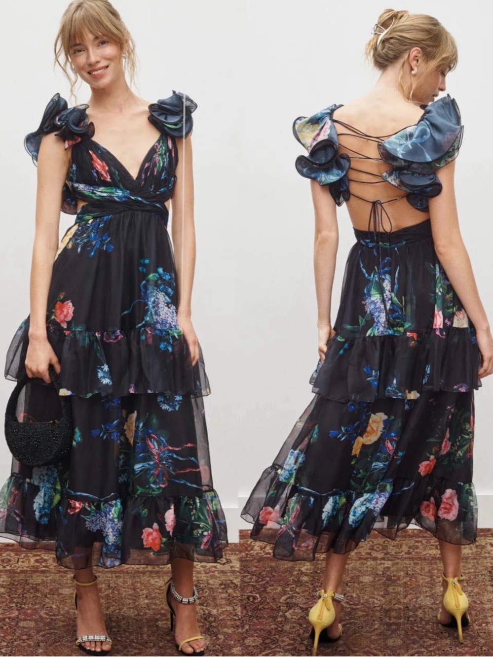Mac Duggal Black Ruffle Tiered Floral Cut-Out Chiffon Dress Sz 6.